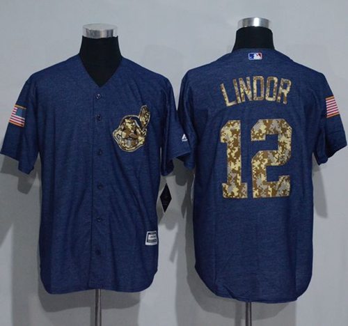 Indians #12 Francisco Lindor Denim Blue Salute to Service Stitched MLB Jersey - Click Image to Close